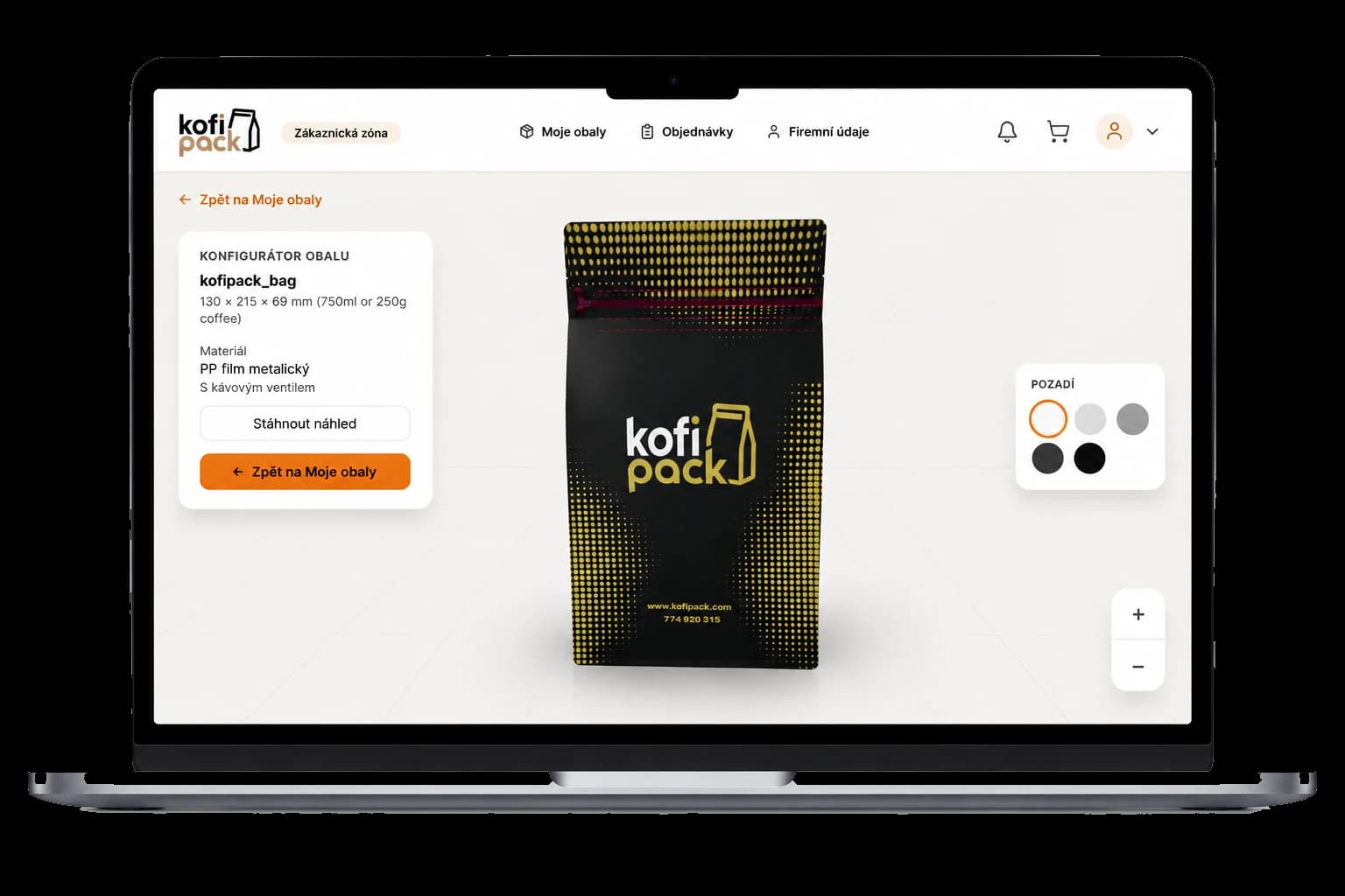 Kofipack-Konfigurator am Computer mit Vorschau eines Flat-Bottom-Beutels und Preisen