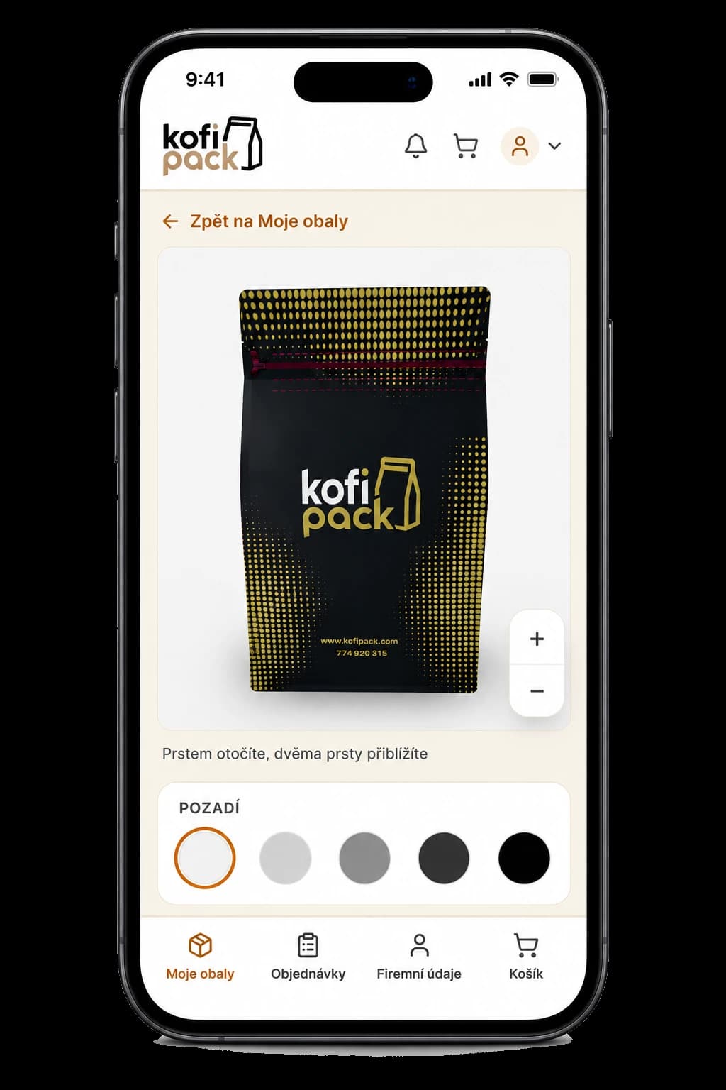 Kofipack-Konfigurator auf dem Telefon mit Vorschau eines Flat-Bottom-Beutels