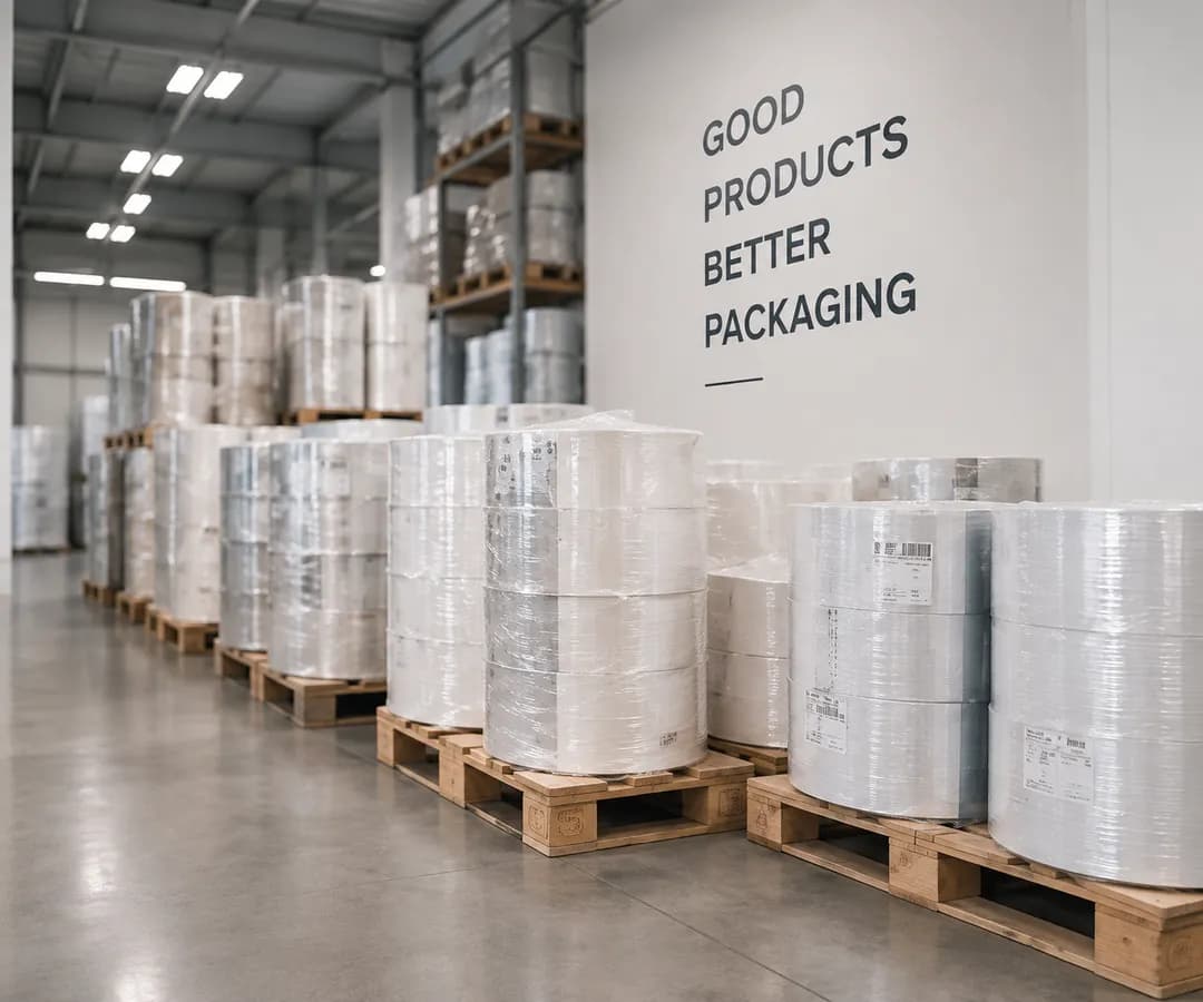 Sklad Kofipacku s rolemi fólie na paletách a nápisem Good products, better packaging na stěně