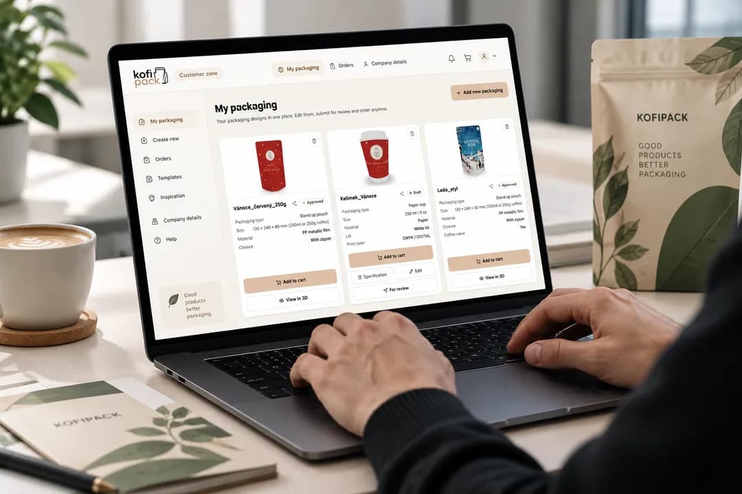 Notebook se zákaznickou zónou Kofipacku a přehledem uložených obalů