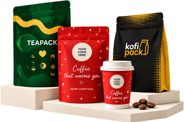 Zelený, červený a černý sáček Kofipack s kelímkem a kávovými zrny na béžových podstavcích