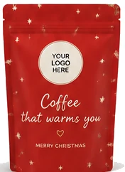 Červený doypack sáček s vánočním designem a nápisem Coffee that warms you