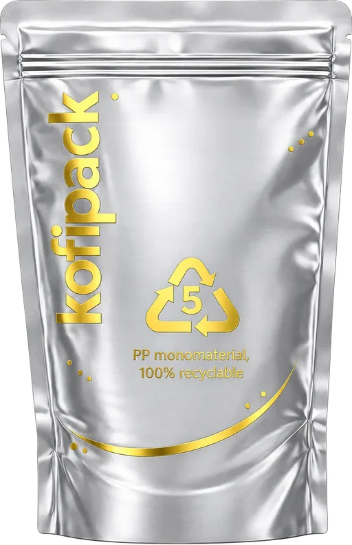Stříbrný stojací sáček z PP metalické fólie s logem Kofipack a symbolem recyklace 5, PP monomateriál, 100% recyklovatelný