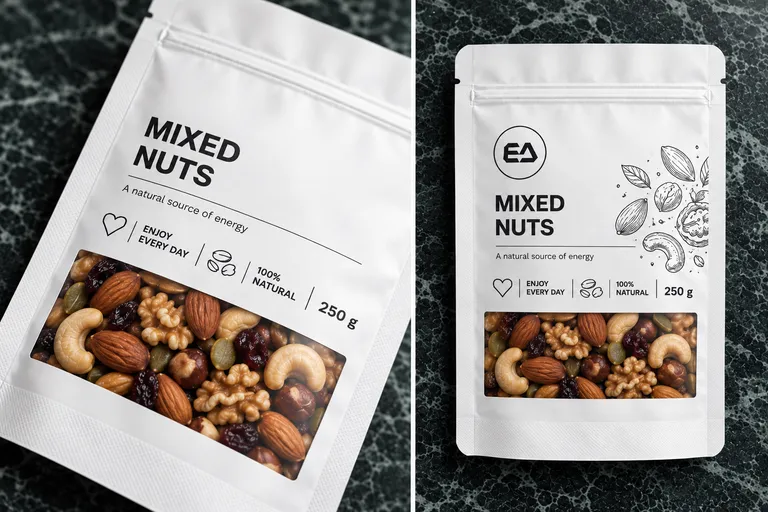 Bílý sáček Mixed Nuts s průhledným okénkem na tmavém mramoru ve dvou pohledech: detail okénka se směsí ořechů a celý sáček