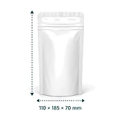 Sachet vide avec largeur et hauteur indiquées, format 110 × 185 × 70 mm