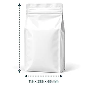 Sachet vide avec largeur et hauteur indiquées, format 115 × 235 × 69 mm