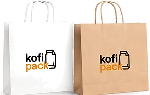Bílá a hnědá papírová taška s logem Kofipack